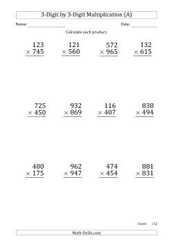 Multiplying 3-Digit by 3-Digit Numbers (Large Print) with Period-Separated Thousands