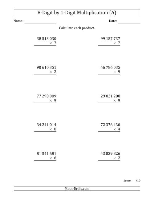 The Multiplying 8-Digit by 1-Digit Numbers with Space-Separated Thousands (A) Math Worksheet
