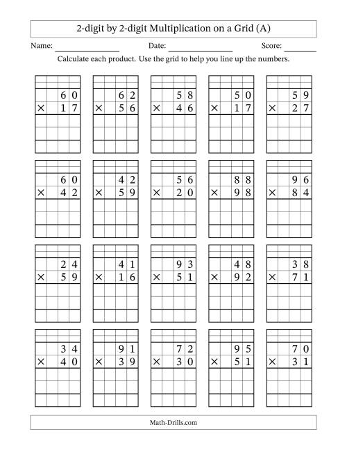 The 2-digit by 2-digit Multiplication with Grid Support Including Regrouping (A) Math Worksheet