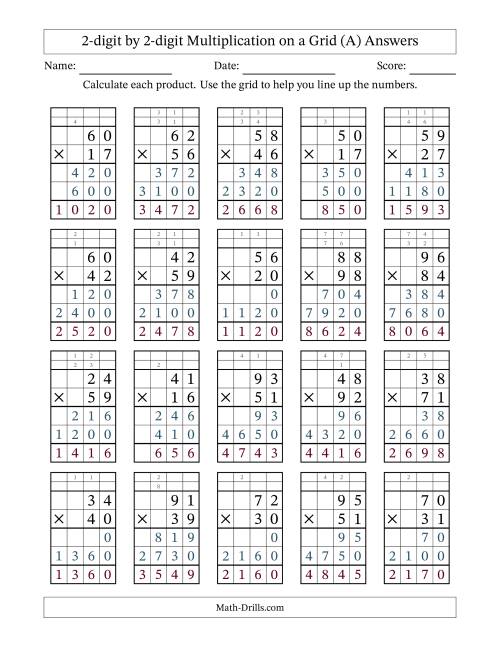 The 2-digit by 2-digit Multiplication with Grid Support Including Regrouping (A) Math Worksheet Page 2