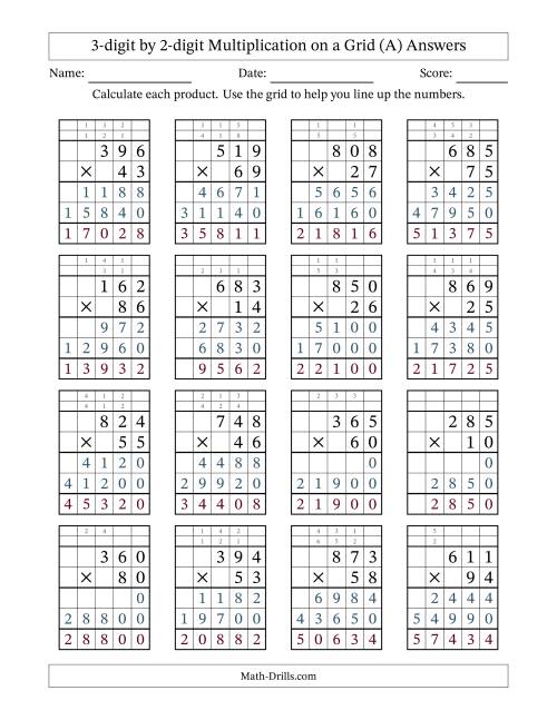 The 3-digit by 2-digit Multiplication with Grid Support Including Regrouping (A) Math Worksheet Page 2