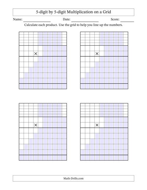 The 5-digit by 5-digit Multiplication with Grid Support Including Regrouping Blanks (A) Math Worksheet