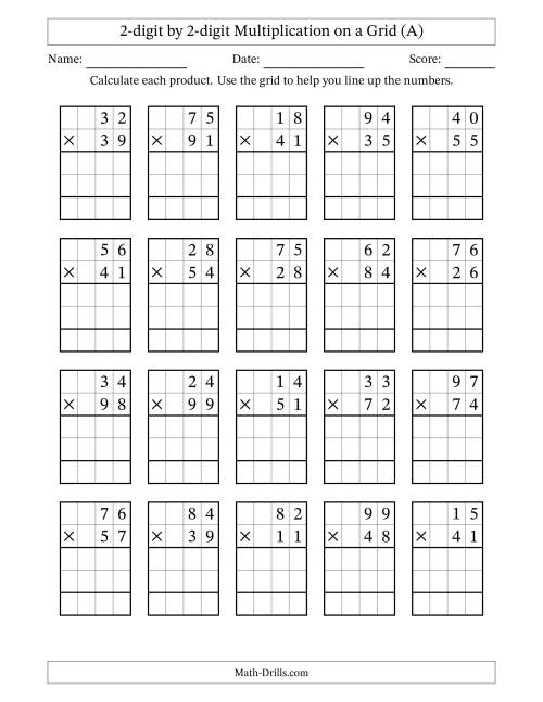 The 2-digit by 2-digit Multiplication with Grid Support (A) Math Worksheet