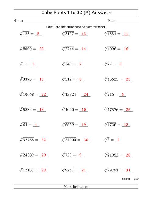 The Cube Roots 1 to 32 (A) Math Worksheet Page 2