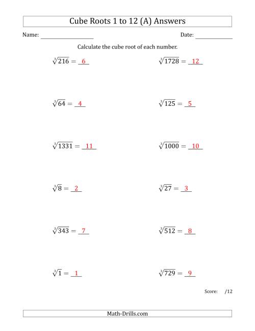 The Cube Roots 1 to 12 (A) Math Worksheet Page 2