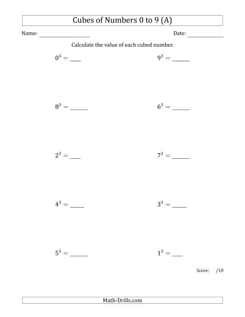The Cubes of Numbers from 0 to 9 (A) Math Worksheet