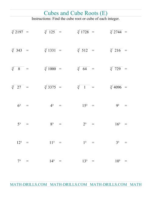 The Cubes and Cube Roots (E) Math Worksheet