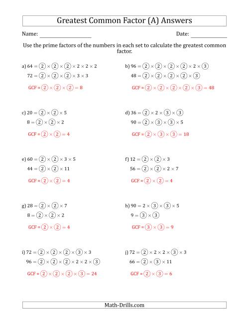 The Calculating Greatest Common Factors of Sets of Two Numbers from 4 to 100 Using Prime Factors (A) Math Worksheet Page 2
