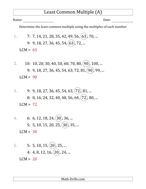 The Least Common Multiple from Multiples of Numbers to 10 (LCM Not Numbers) (A) Math Worksheet Page 2