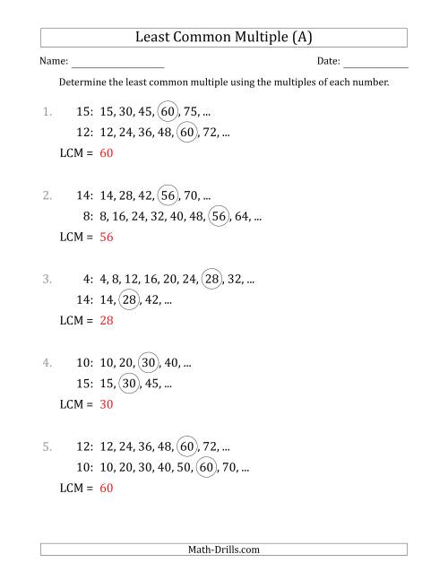 The Least Common Multiple from Multiples of Numbers to 15 (LCM Not Numbers or Product) (A) Math Worksheet Page 2