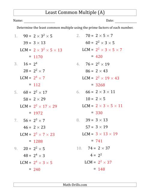 The Least Common Multiples of Numbers to 100 from Prime Factors with LCM's Not Equal to Numbers or Products (A) Math Worksheet Page 2