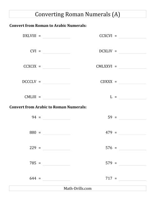 The Converting Roman Numerals up to M to Standard Numbers (A) Math Worksheet