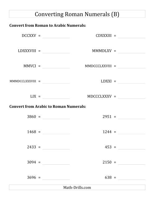 The Converting Compact Roman Numerals up to MMMIM to Standard Numbers (B) Math Worksheet