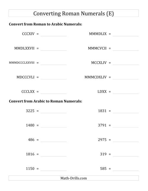 The Converting Compact Roman Numerals up to MMMIM to Standard Numbers (E) Math Worksheet