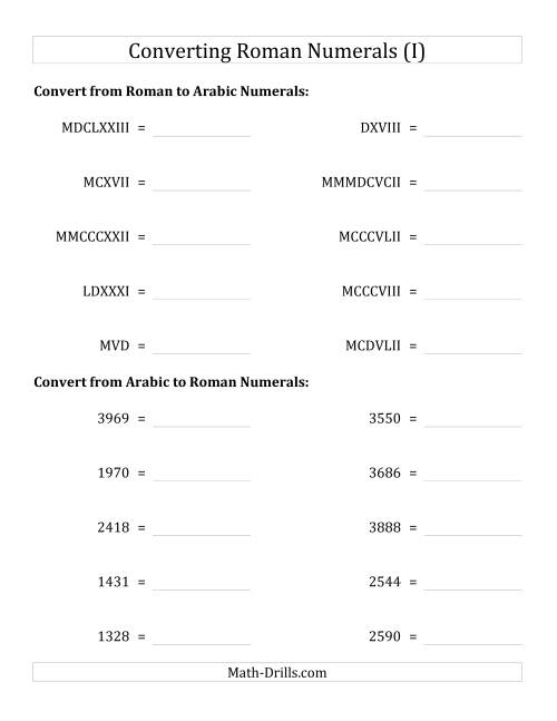 The Converting Compact Roman Numerals up to MMMIM to Standard Numbers (I) Math Worksheet