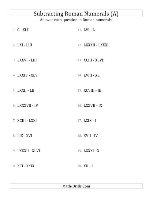 The Subtracting Roman Numerals up to C (A) Math Worksheet