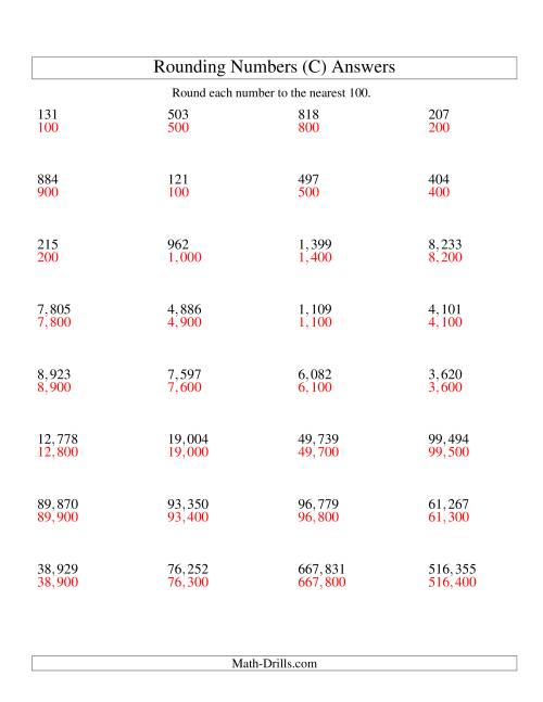 The Rounding Numbers to the Nearest 100 (U.S. Version) (C) Math Worksheet Page 2