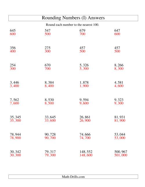 The Rounding Numbers to the Nearest 100 (U.S. Version) (I) Math Worksheet Page 2