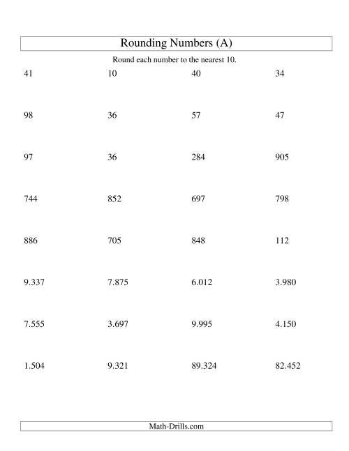 The Rounding Numbers to the Nearest 10 (Euro Version) (A) Math Worksheet