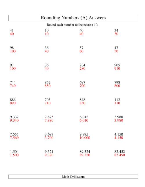 The Rounding Numbers to the Nearest 10 (Euro Version) (A) Math Worksheet Page 2