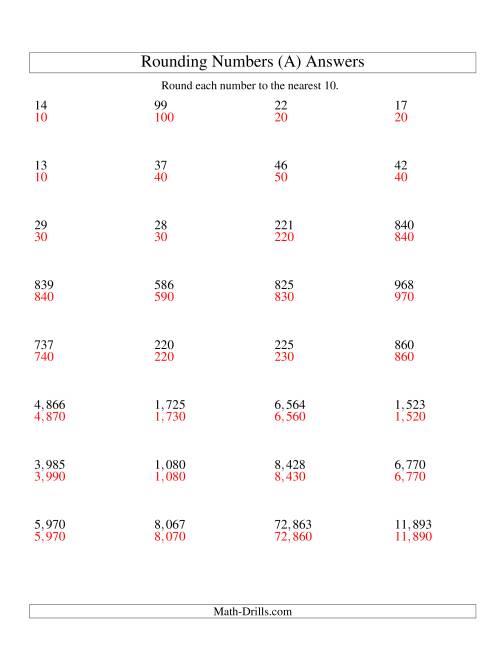 The Rounding Numbers to the Nearest 10 (U.S. Version) (A) Math Worksheet Page 2