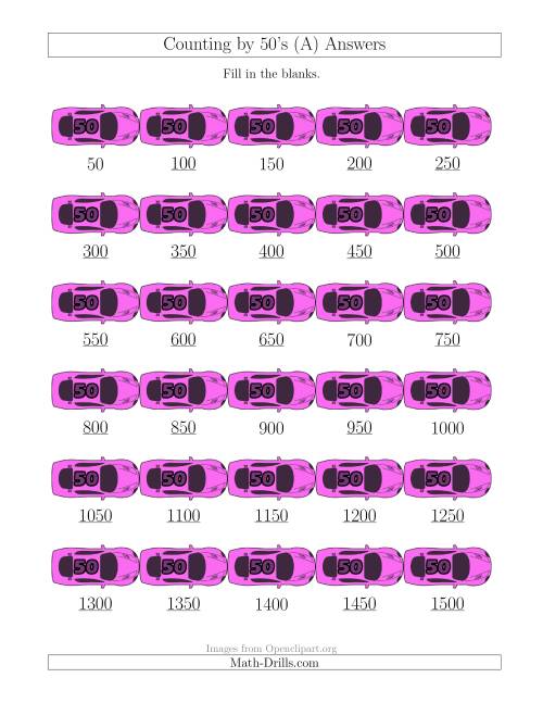 The Counting by 50's with Cars (A) Math Worksheet Page 2