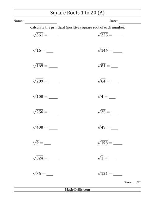 The Principal Square Roots 1 to 20 (A) Math Worksheet