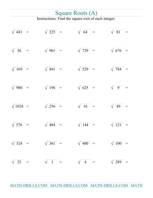 The Square Roots of Perfect Squares (Old) Math Worksheet