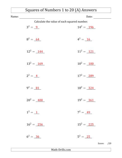 The Squares of Numbers from 1 to 20 (A) Math Worksheet Page 2
