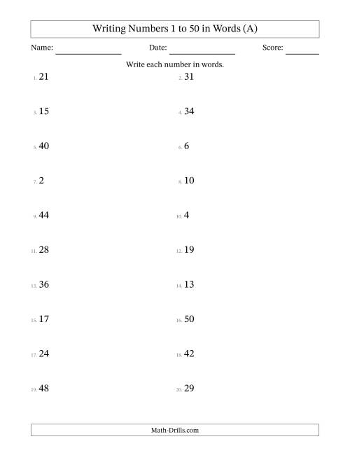 The Writing Numbers 1 to 50 in Words (A) Math Worksheet