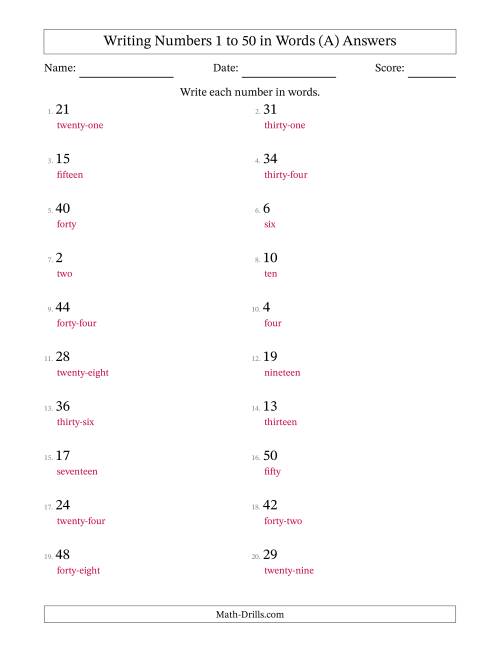 The Writing Numbers 1 to 50 in Words (A) Math Worksheet Page 2