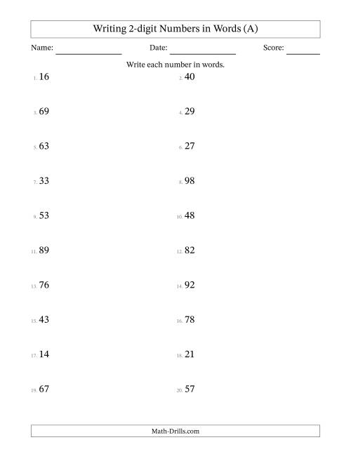 The Writing 2-digit Numbers in Words (A) Math Worksheet