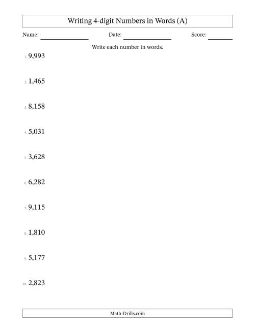 The Writing 4-digit Numbers in Words (A) Math Worksheet
