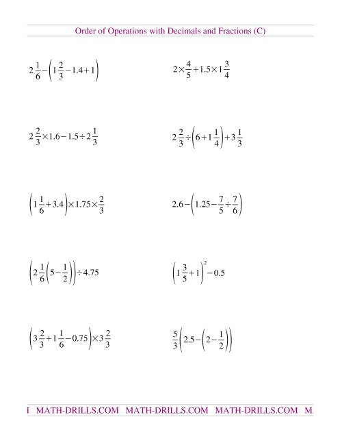 The Decimals and Fractions Mixed (C) Math Worksheet