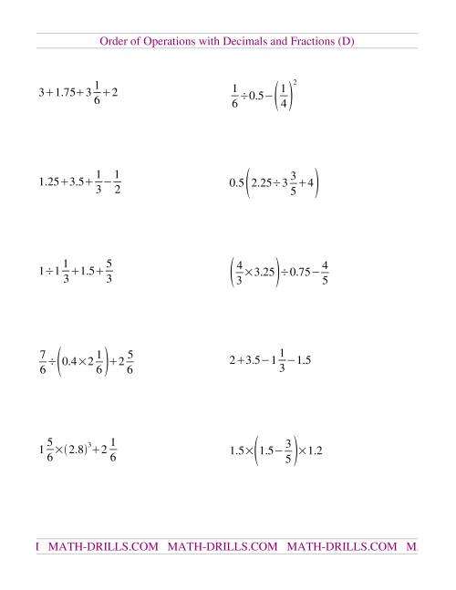 The Decimals and Fractions Mixed (D) Math Worksheet