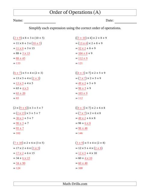 The Order of Operations with Whole Numbers Multiplication and Addition Only (Five Steps) (A) Math Worksheet Page 2