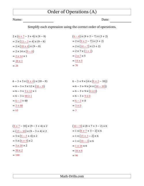 The Order of Operations with Whole Numbers Multiplication, Addition and Subtraction Only (Six Steps) (A) Math Worksheet Page 2