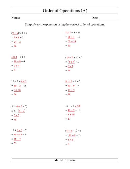 The Order of Operations with Whole Numbers Multiplication, Addition and Subtraction Only (Three Steps) (A) Math Worksheet Page 2