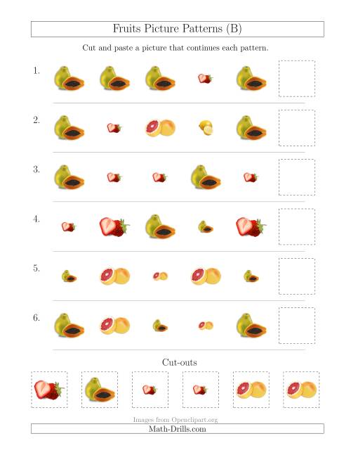 The Fruits Picture Patterns with Shape and Size Attributes (B) Math Worksheet