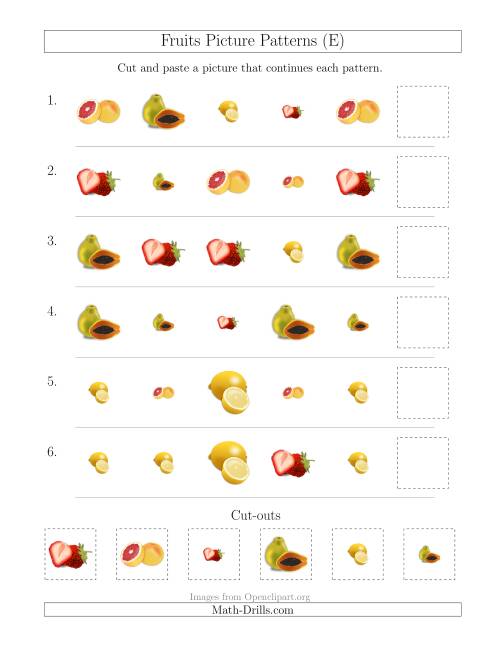 The Fruits Picture Patterns with Shape and Size Attributes (E) Math Worksheet