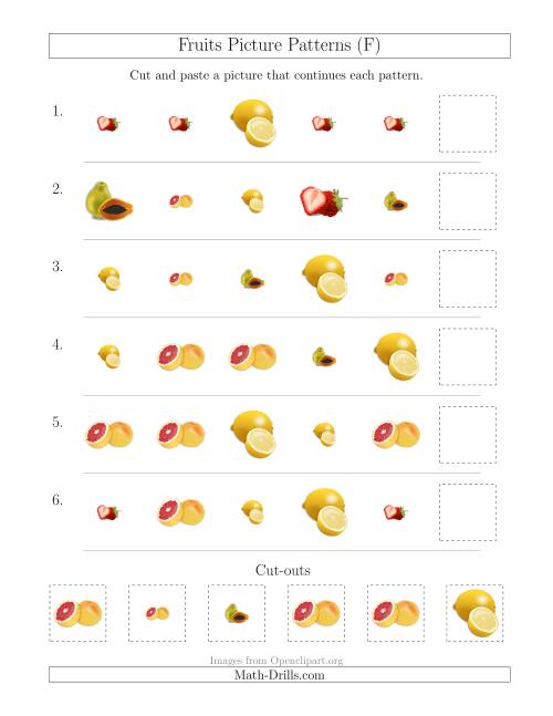 The Fruits Picture Patterns with Shape and Size Attributes (F) Math Worksheet