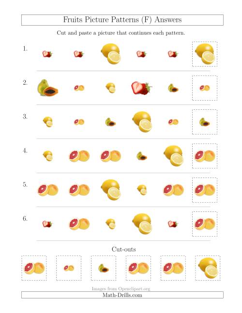 The Fruits Picture Patterns with Shape and Size Attributes (F) Math Worksheet Page 2