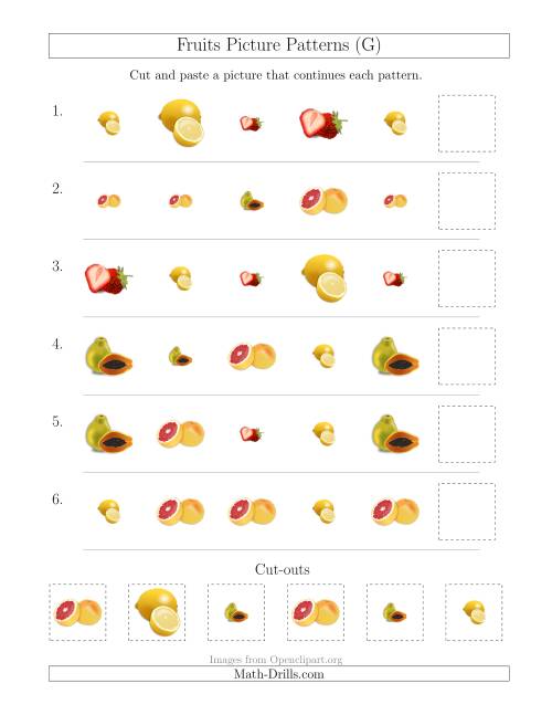 The Fruits Picture Patterns with Shape and Size Attributes (G) Math Worksheet
