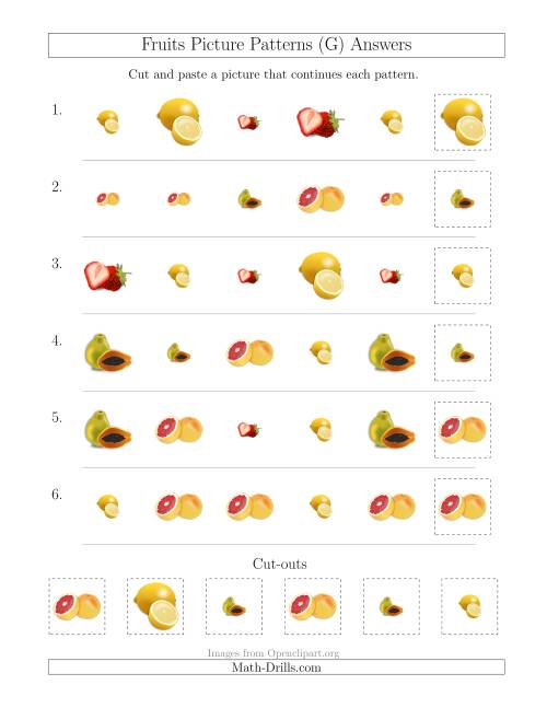 The Fruits Picture Patterns with Shape and Size Attributes (G) Math Worksheet Page 2