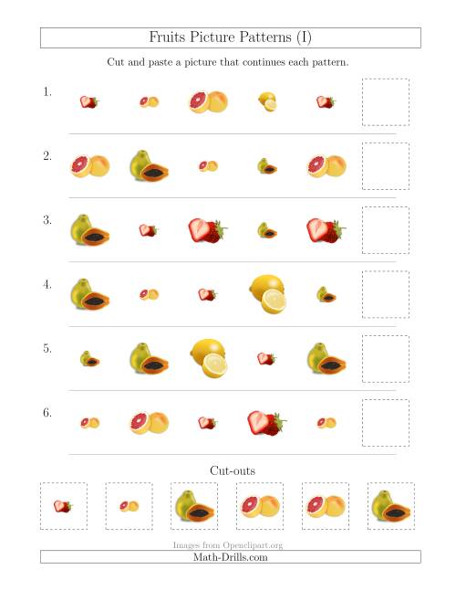 The Fruits Picture Patterns with Shape and Size Attributes (I) Math Worksheet