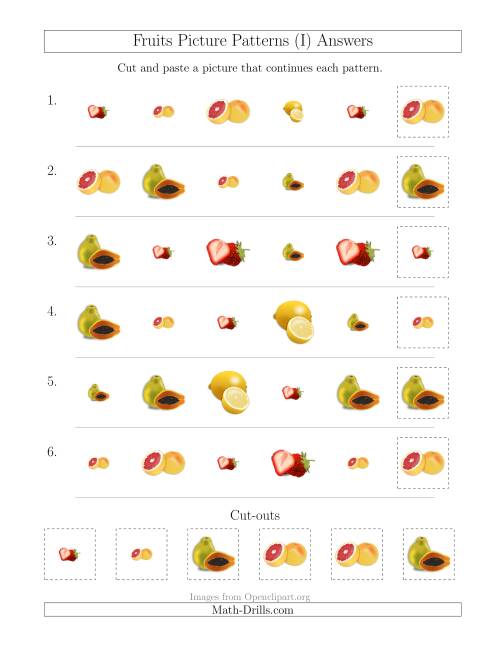 The Fruits Picture Patterns with Shape and Size Attributes (I) Math Worksheet Page 2