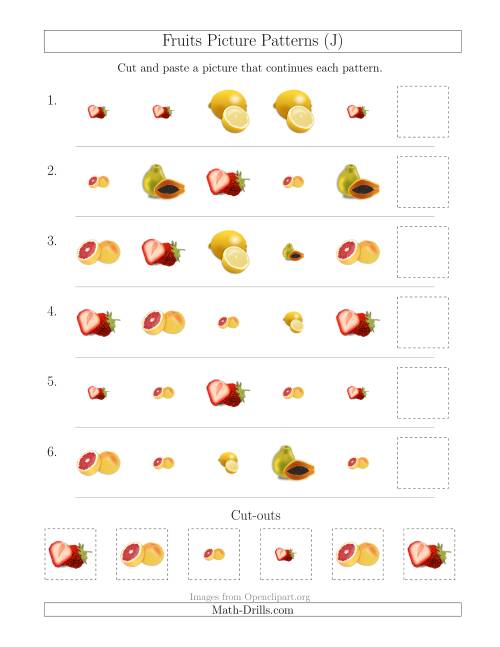 The Fruits Picture Patterns with Shape and Size Attributes (J) Math Worksheet