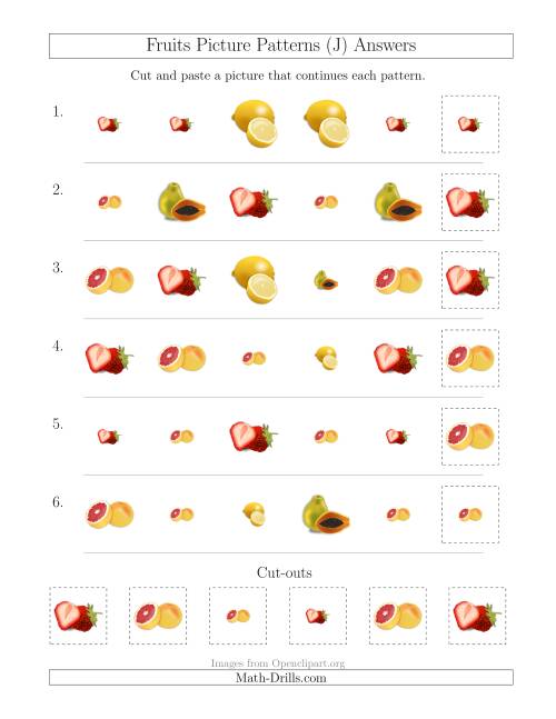 The Fruits Picture Patterns with Shape and Size Attributes (J) Math Worksheet Page 2