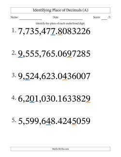 Identifying Place of Decimal Numbers from Ten Millionths to Millions (Large Print)