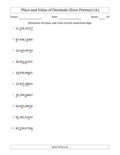 The Euro Format Determining Place and Value of Decimal Numbers from Hundred Thousandths to Ten Thousands (A) Math Worksheet